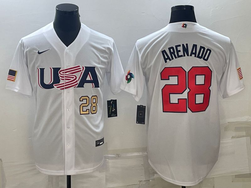 Men 2023 World Cub USA 28 Arenado White Nike MLB Jersey3